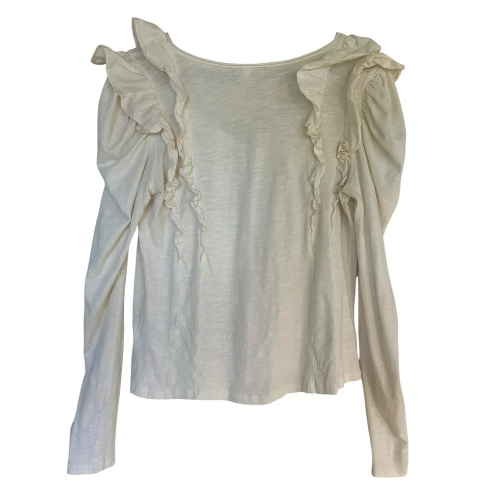Anthropologie Cream‎ Ruffled V-Neck Puff Shoulder Blouse Cotton Small